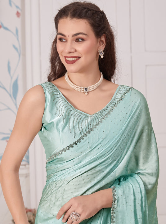 Sky Blue Majestic Premium Satin Swarovski Work Saree