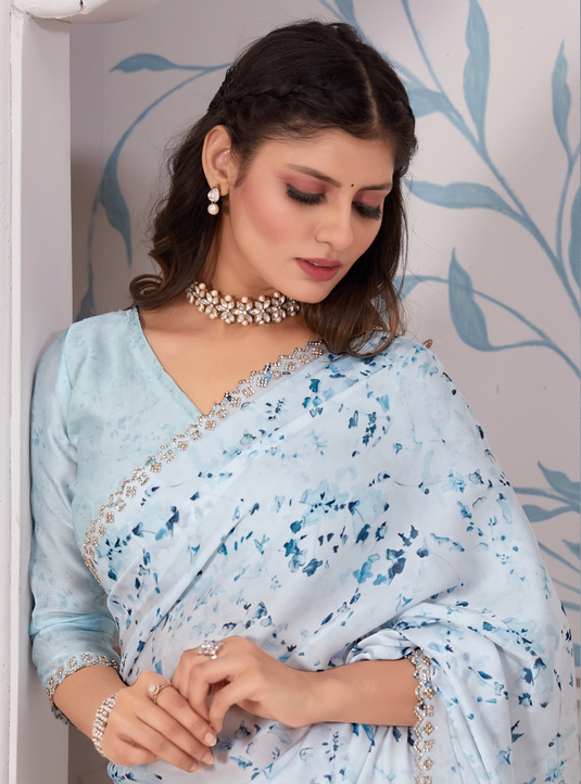 Pastel Blue Elegant Premium Satin Floral Digital Printed Saree