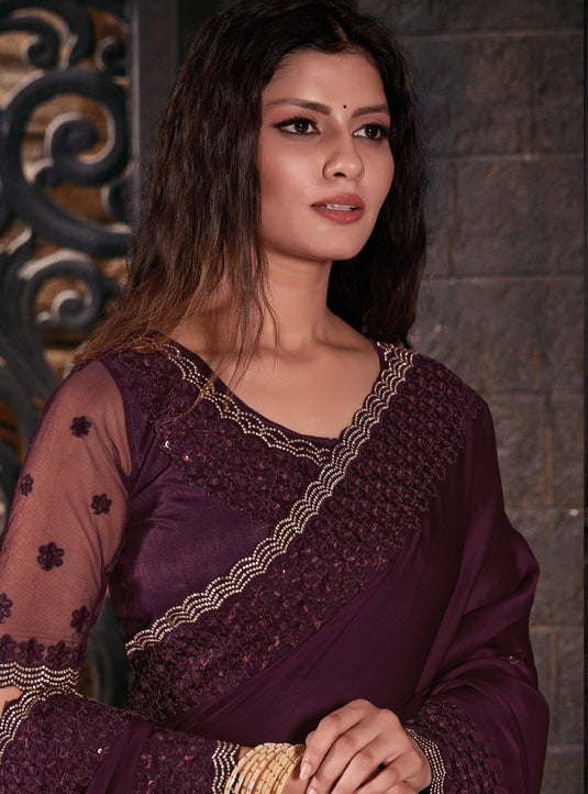 Wine Graceful Chiffon Thread Embroidered Stone Work Saree