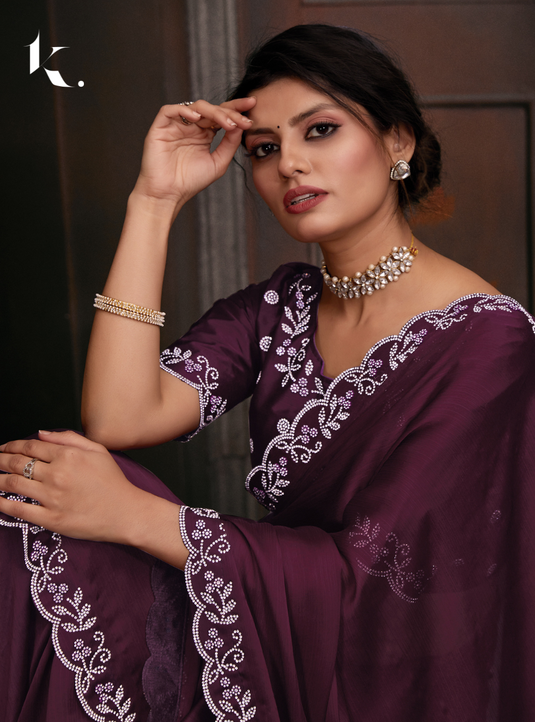 Wine Elegant Premium Satin Silk Swarovski Work Saree