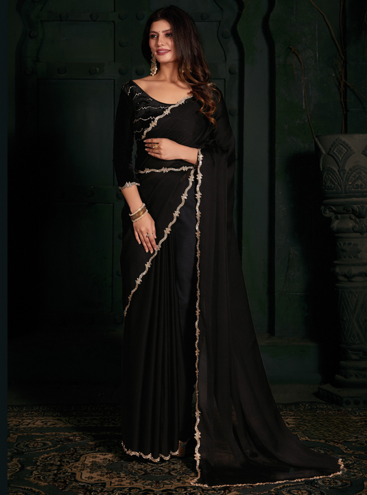 Black Latest Georgette Silk Plain Handwork Border Saree