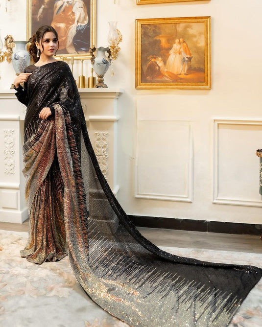 Black Sequence Embroidered Ombre Cocktail Wear Saree