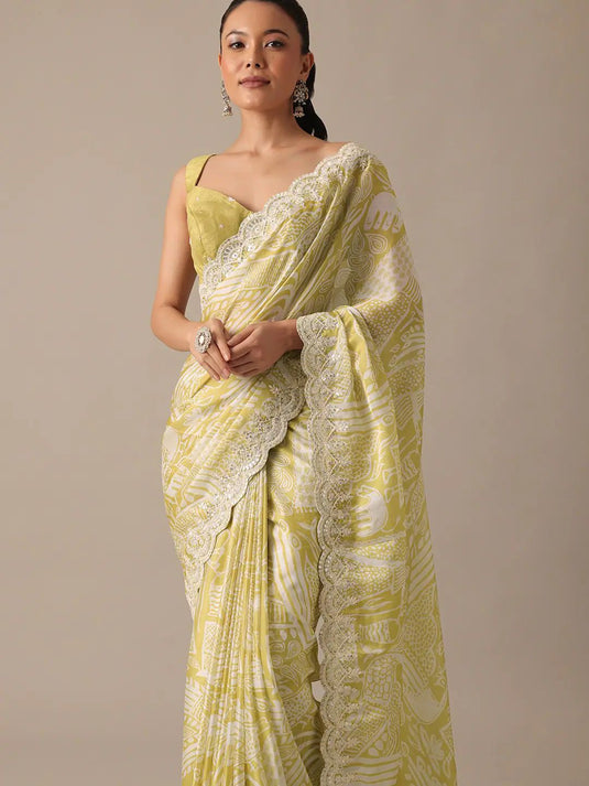 Light Green Abstract Digital Printed Designer Saree