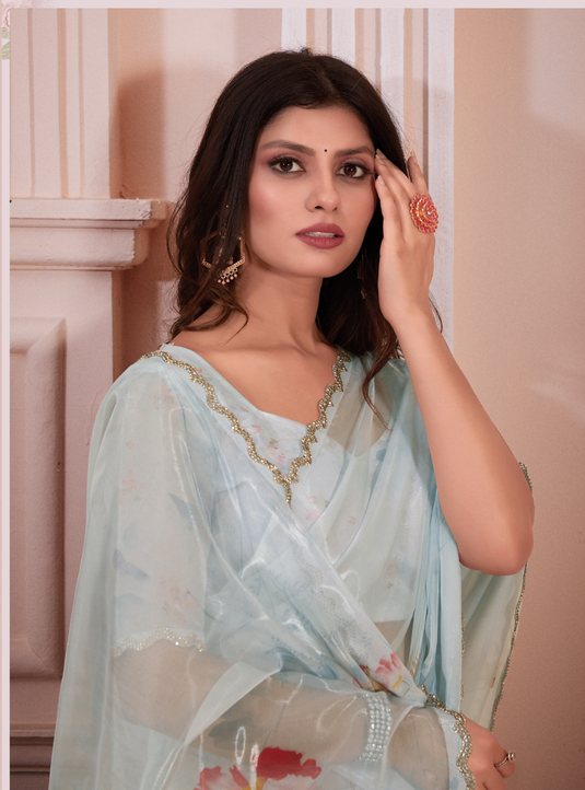 Pastel Blue Effortless Premium Metallic Organza Floral Digital Printed Saree