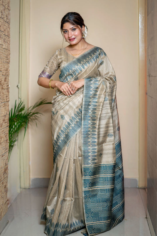 Beige-Teal Blue Classic Tussar Silk Traditional Weaving Pattern Saree