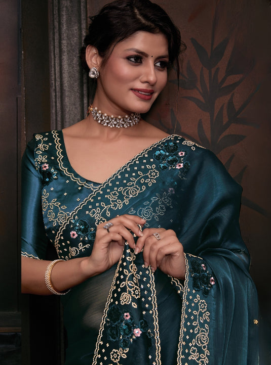 Teal Blue Radiant Premium Metallic Organza Stone Work Saree