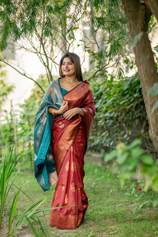 Maroon Soft Banarasi Silk Zari Weaving Pattern Saree