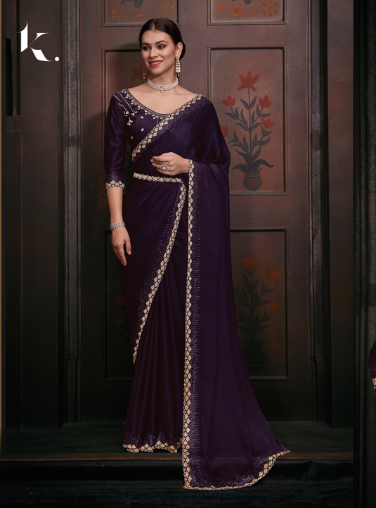 Violet Radiant Premium Satin Silk Swarovski Work Saree