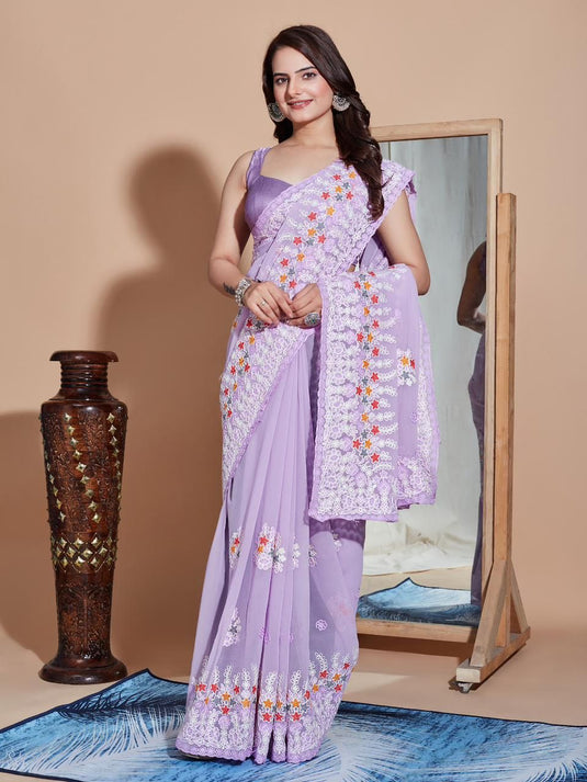 Lavender Soft Georgette Thread Embroidered Work Saree