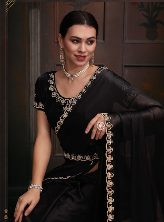 Black Stunning Premium Satin Silk Swarovski Work Saree