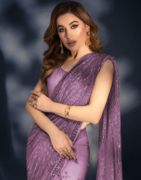 Purple Premium Georgette Sequence Embroidered Work Saree