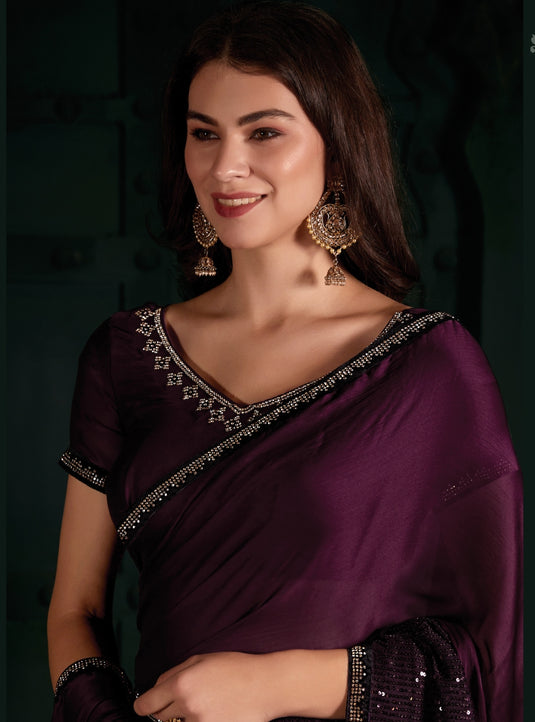 Violet Radiant Premium Satin Sequence Embroidered Work Saree