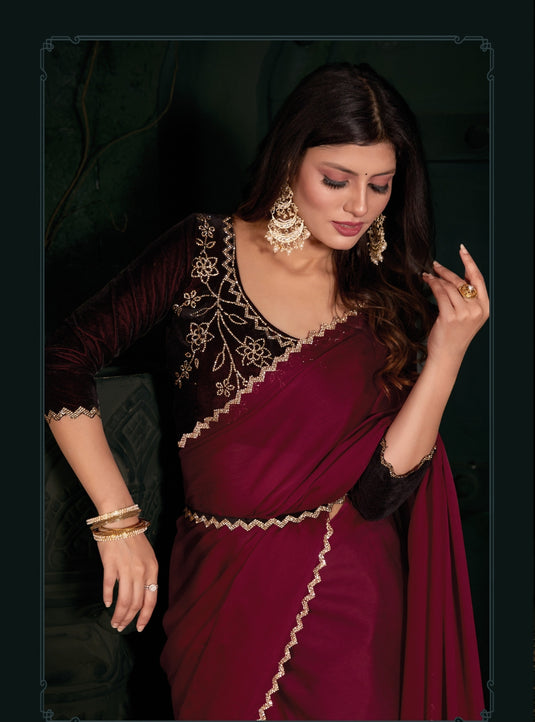 Maroon Radiant Georgette Silk Plain Handwork Border Saree