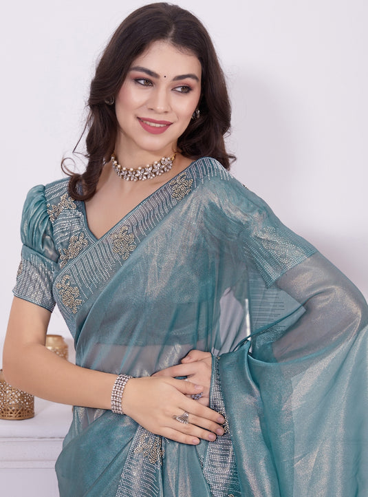 Teal Blue Graceful Premium Metallic Organza Stone Work Saree