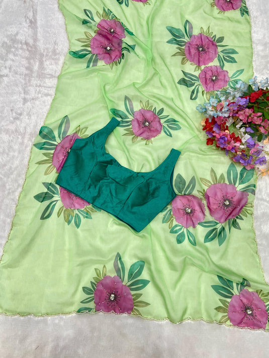 Mint Green Taby Organza Floral Print Hand Cutdana Work Saree