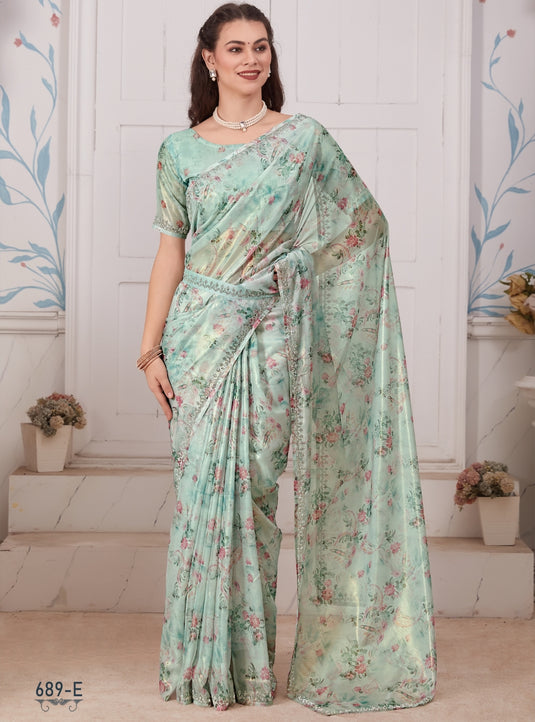 Sea Green Radiant Premium Metallic Organza Floral Digital Printed Saree