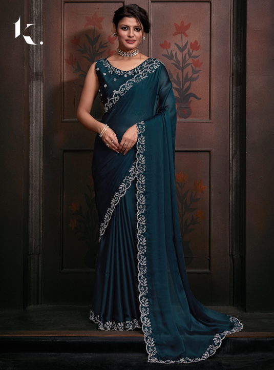 Teal Blue Elegant Premium Satin Silk Swarovski Work Saree