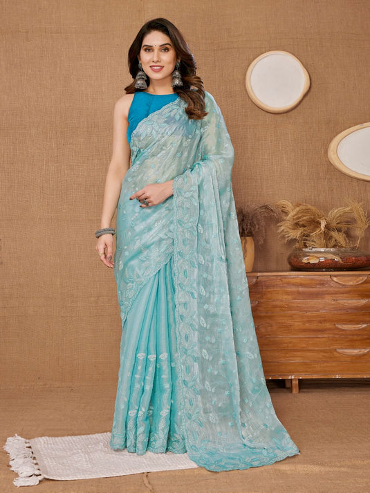 Sky Blue Designer Burberry Silk Sequence Embroidered Work Saree