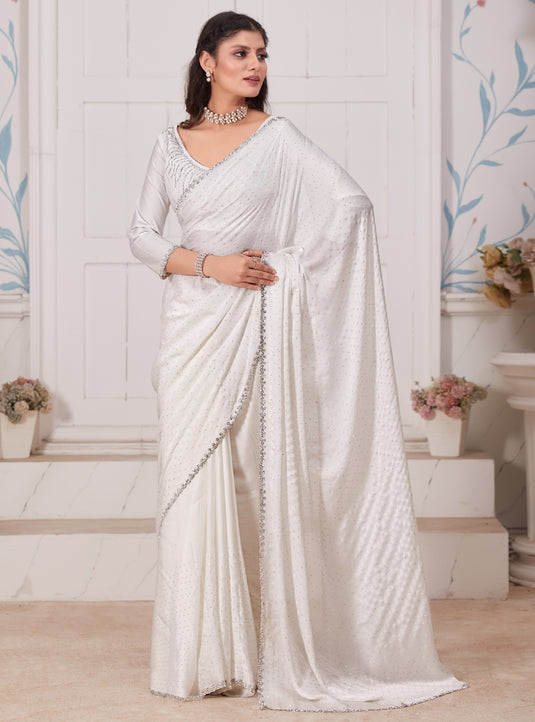 White Majestic Premium Satin Swarovski Work Saree