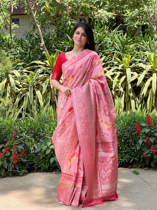 Pink Soft Banarasi Silk Floral Digital Printed Zari Weaving Border Saree