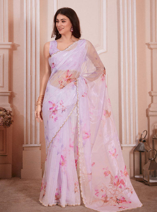 Lavender Effortless Premium Metallic Organza Floral Digital Printed Saree