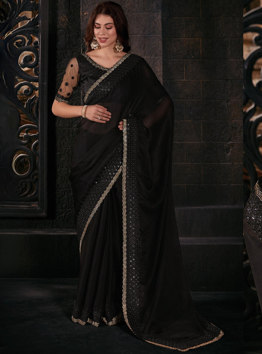 Black Graceful Chiffon Thread Embroidered Stone Work Saree