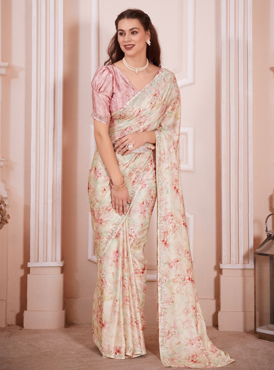 Peach Radiant Premium Satin Floral Digital Printed Saree