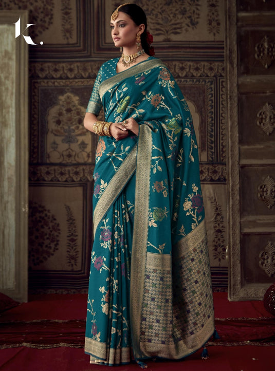 Teal Blue Pure Dola Silk Meenakari Weaving Traditional Saree