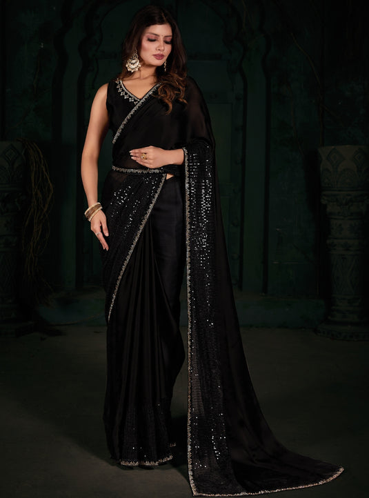 Black Radiant Premium Satin Sequence Embroidered Work Saree