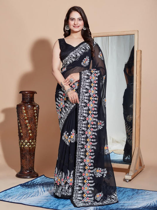 Black Soft Georgette Thread Embroidered Work Saree