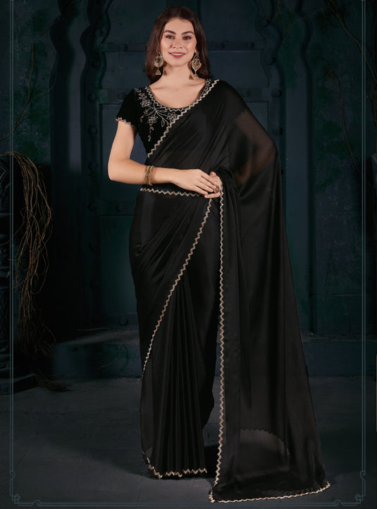 Black Radiant Georgette Silk Plain Handwork Border Saree