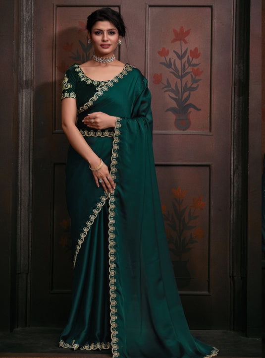 Teal Green Stunning Premium Satin Silk Swarovski Work Saree