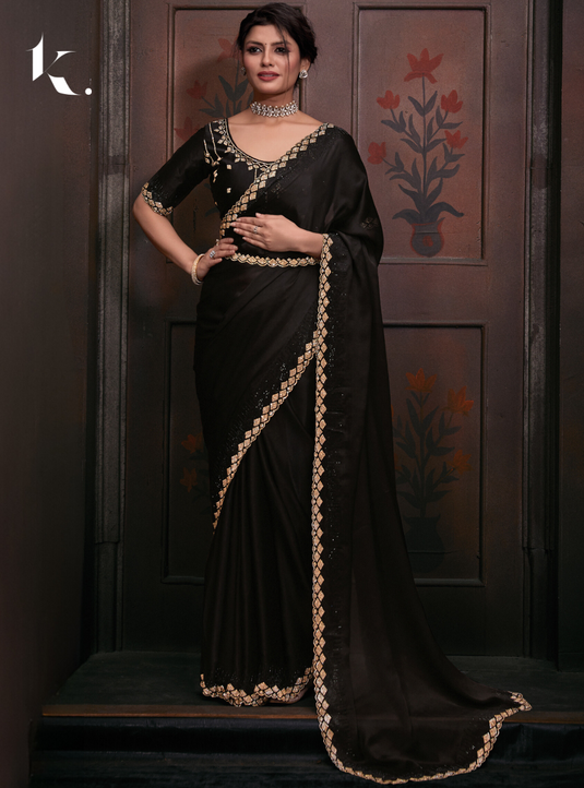 Black Radiant Premium Satin Silk Swarovski Work Saree