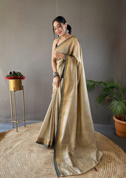 Beige-Green Soft Silk Zari Check Weaving Design Saree