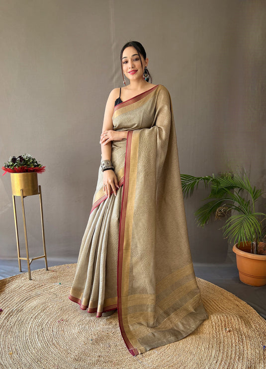 Beige-Maroon Soft Silk Zari Check Weaving Design Saree