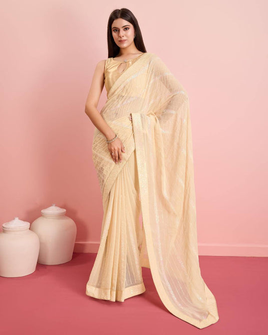 Beige Premium Soft Georgette Sequence Embroidered Work Saree