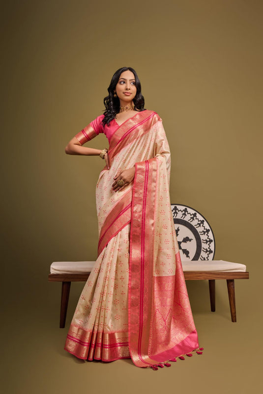 Beige Soft Desi Tussar Silk Bandhani Weaving Pattern saree