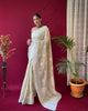 Beige Pure Linen Lucknowi Weaving Saree