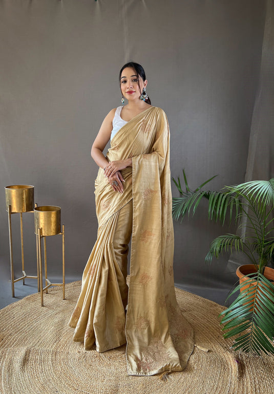 Beige Silk Zari Based Embroidered Saree