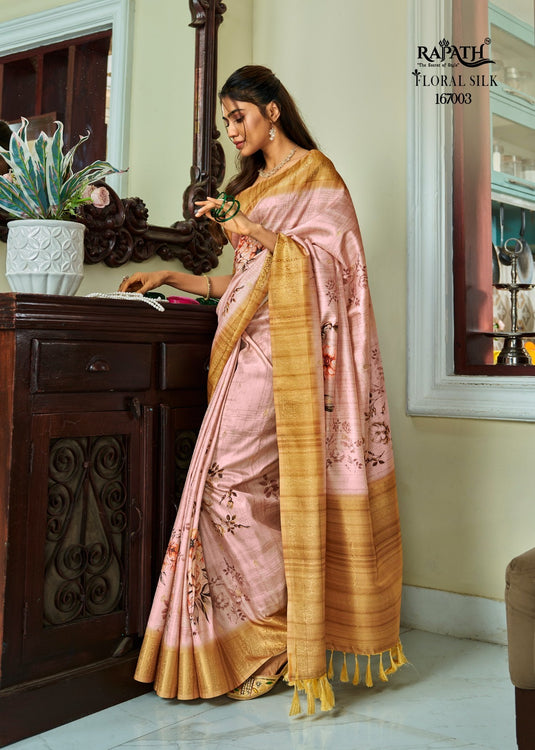 Beige Pure Handloom Kotha Silk Floral Printed Zari Weaving Saree