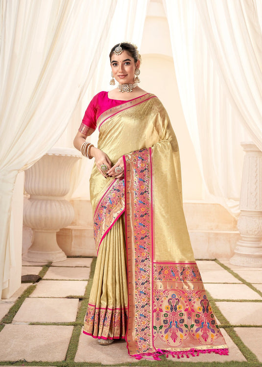 Beige Handloom Zari Weaving Traditional Saree