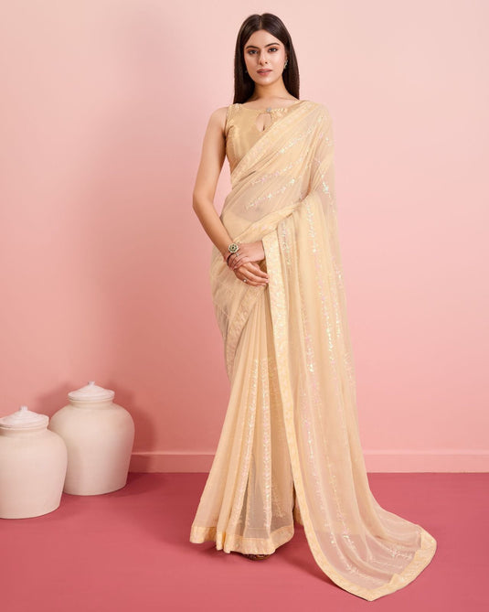 Beige Latest Soft Georgette Sequence Embroidered Work Saree