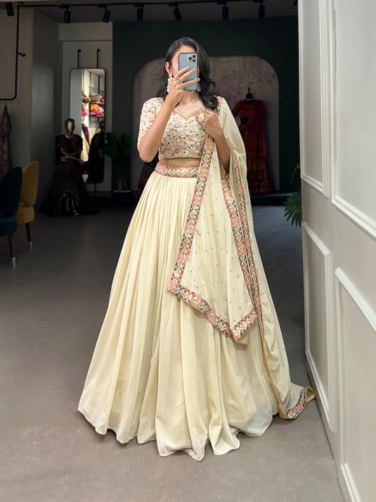 Off-White Georgette Sequins And Thread Embroidered Work Semi Stitched Lehenga Choli