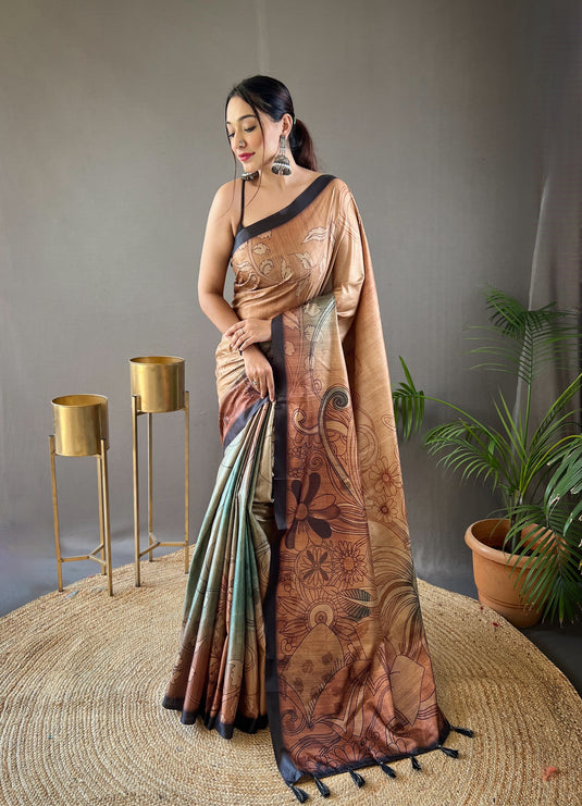 Beige satin cotton kalamkari digital printed saree