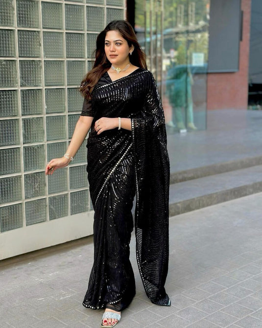 Black Trendy Georgette Sequence Embroidered Cocktail Wear Saree