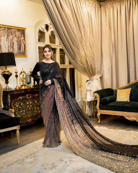 Black Sequence Embroidered Ombre Cocktail Wear Saree