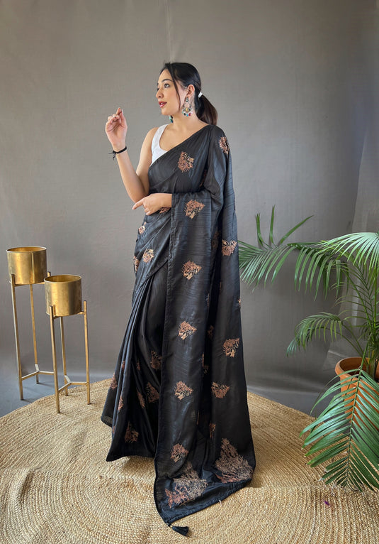 Black Silk Zari Based Embroidered Saree