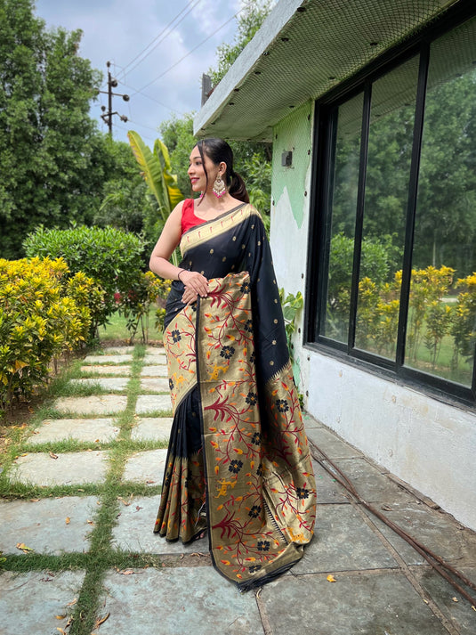 Black Classic Pure Paithani Traditional Border Zari Weaving Saree