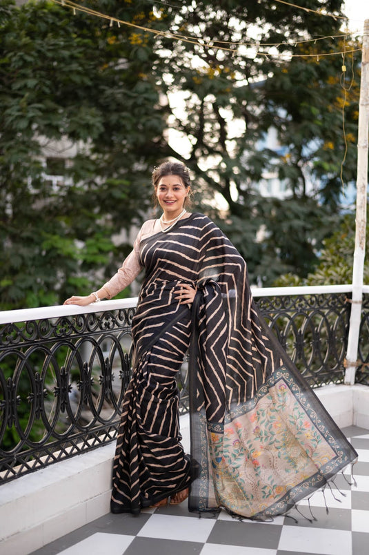 Black Elegant Tissue Silk Lehriya Printed Saree