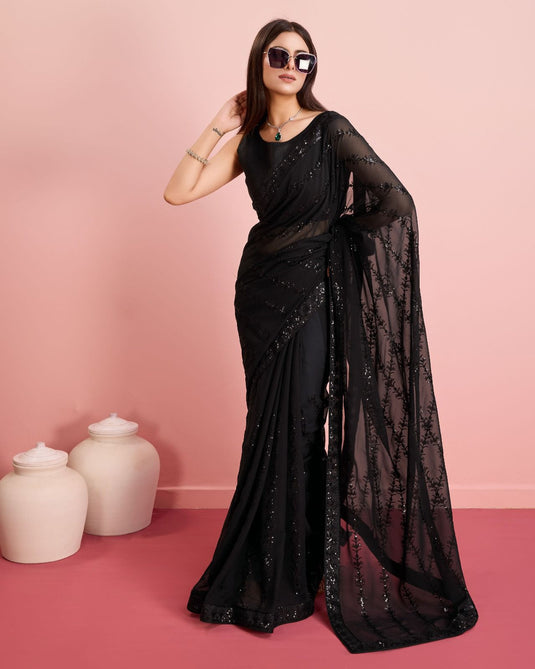 Black Latest Soft Georgette Sequence Embroidered Work Saree